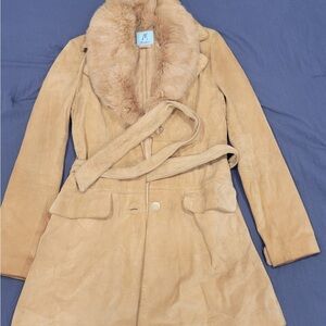 Marciano Camel Trench Coat with Faux Fur Collar